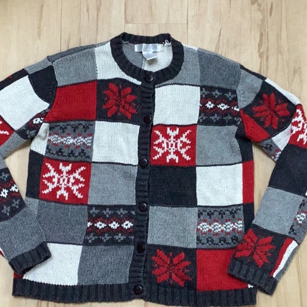 Vintage‎ Snowflake Red Black Nordic Fair Isle Patchwork Cardigan Sweater Medium